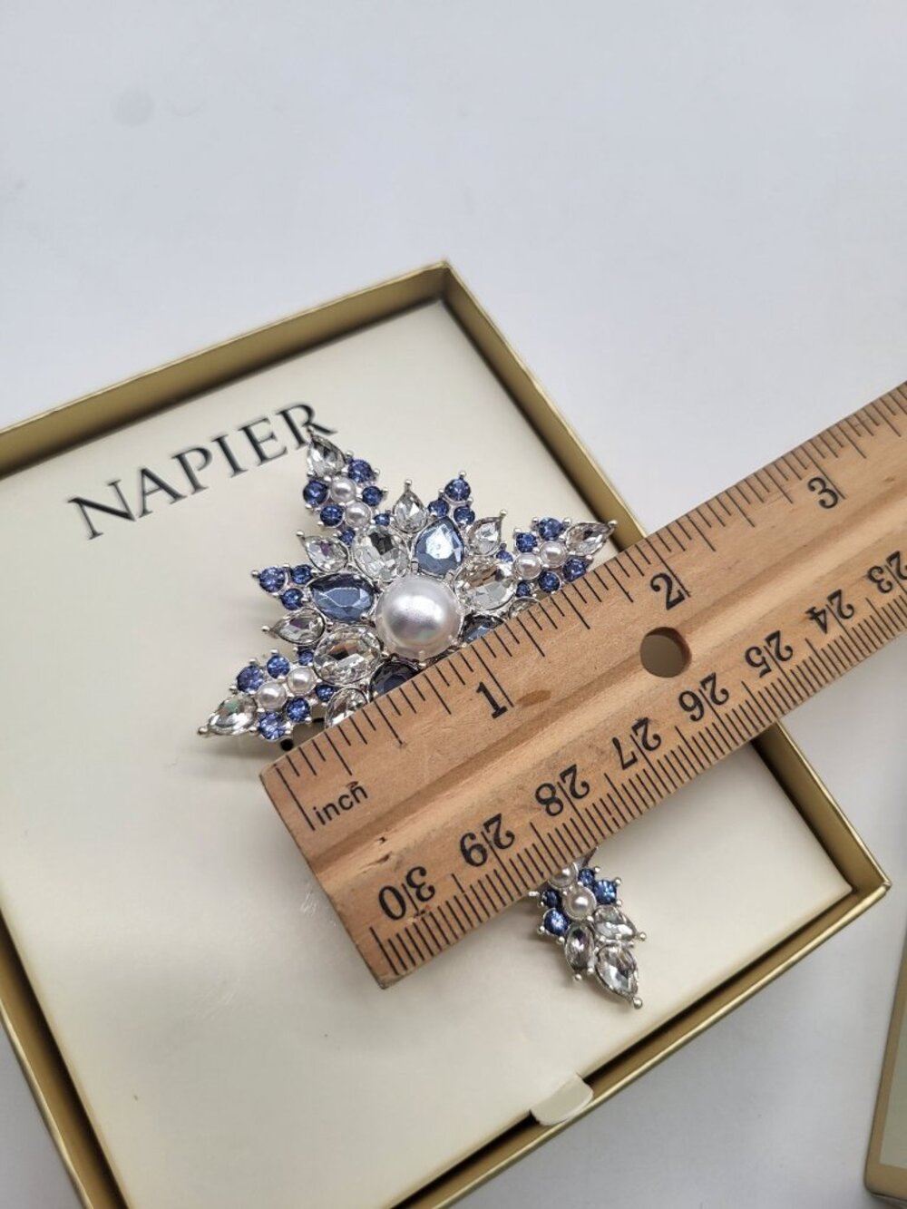 NAPIER Silver Tone 3D Cross Brooch Rhinestones Faux Pearls Blue Clear Religious - Picture 7 of 7
